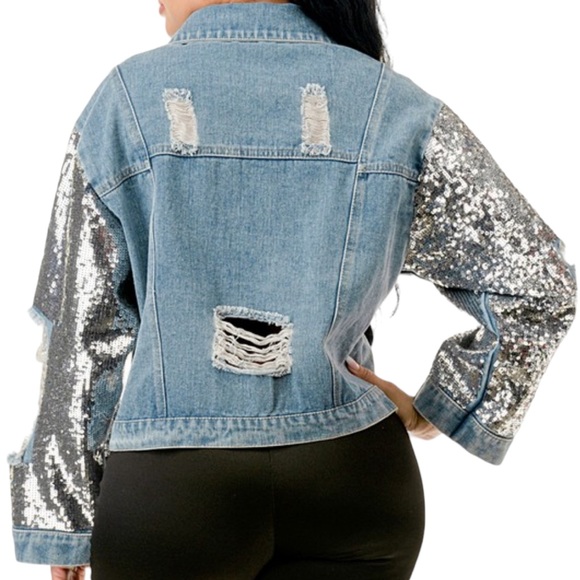 Women’s Distressed Silver Sequin Blue Denim Jacket NWT - Picture 2 of 9
